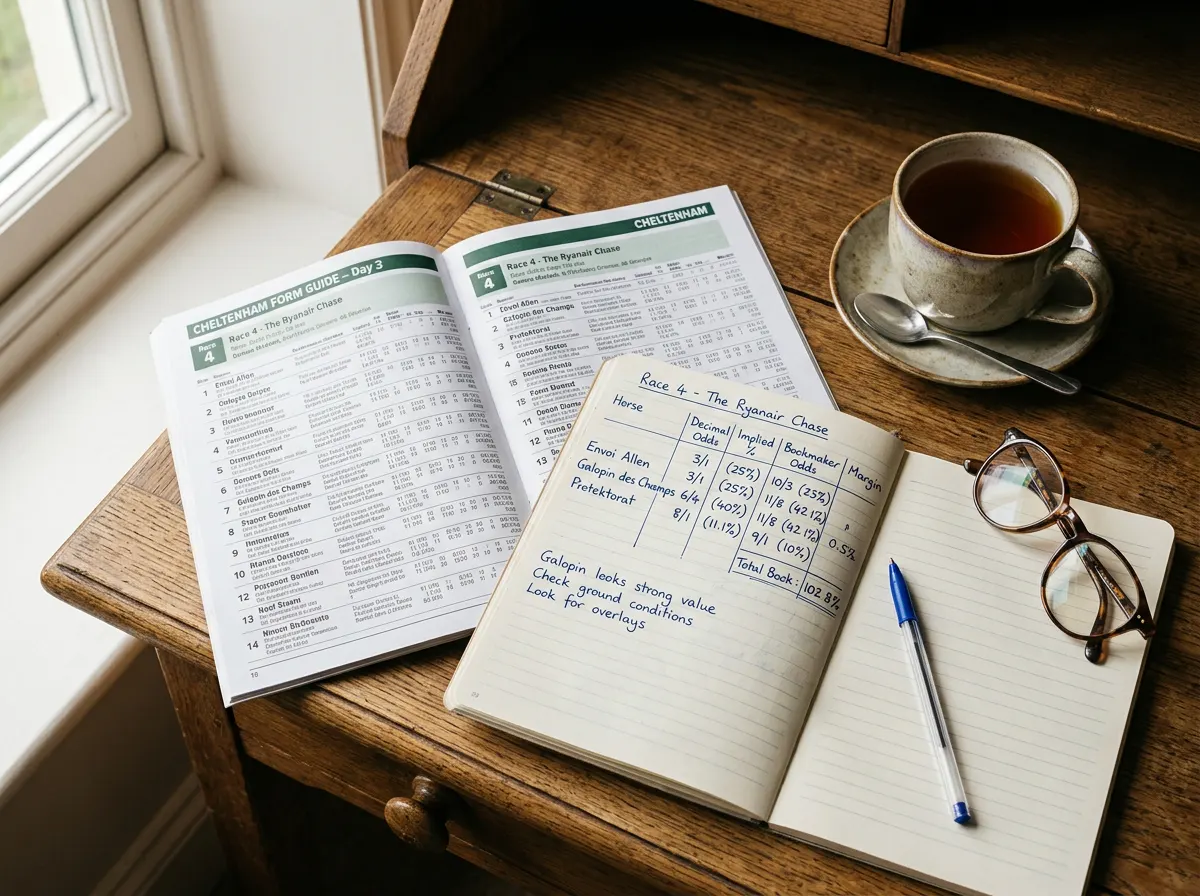 Horse racing analyst reviewing betting offer terms and expected value notes on a desk