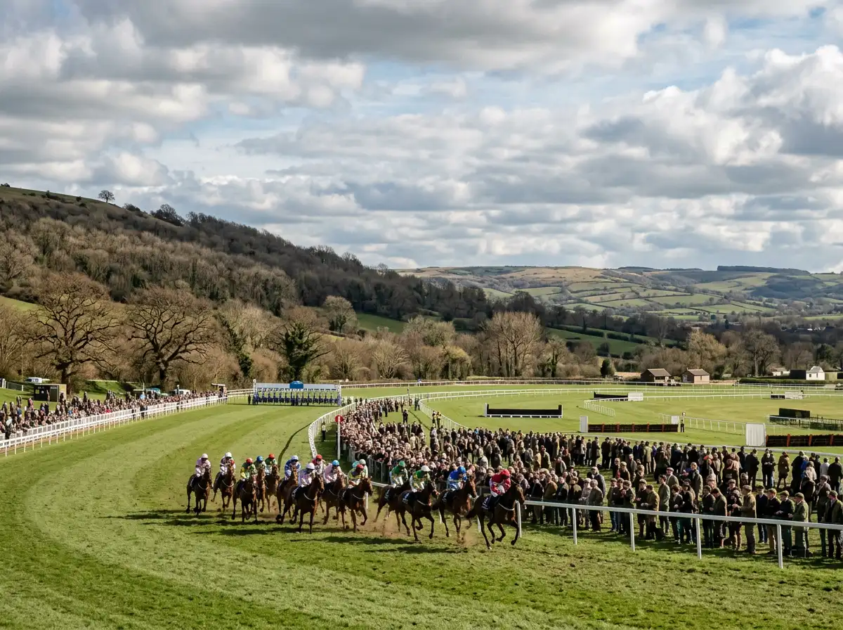 Prestbury Park racecourse grandstand and course on a March racing day at Cheltenham Festival