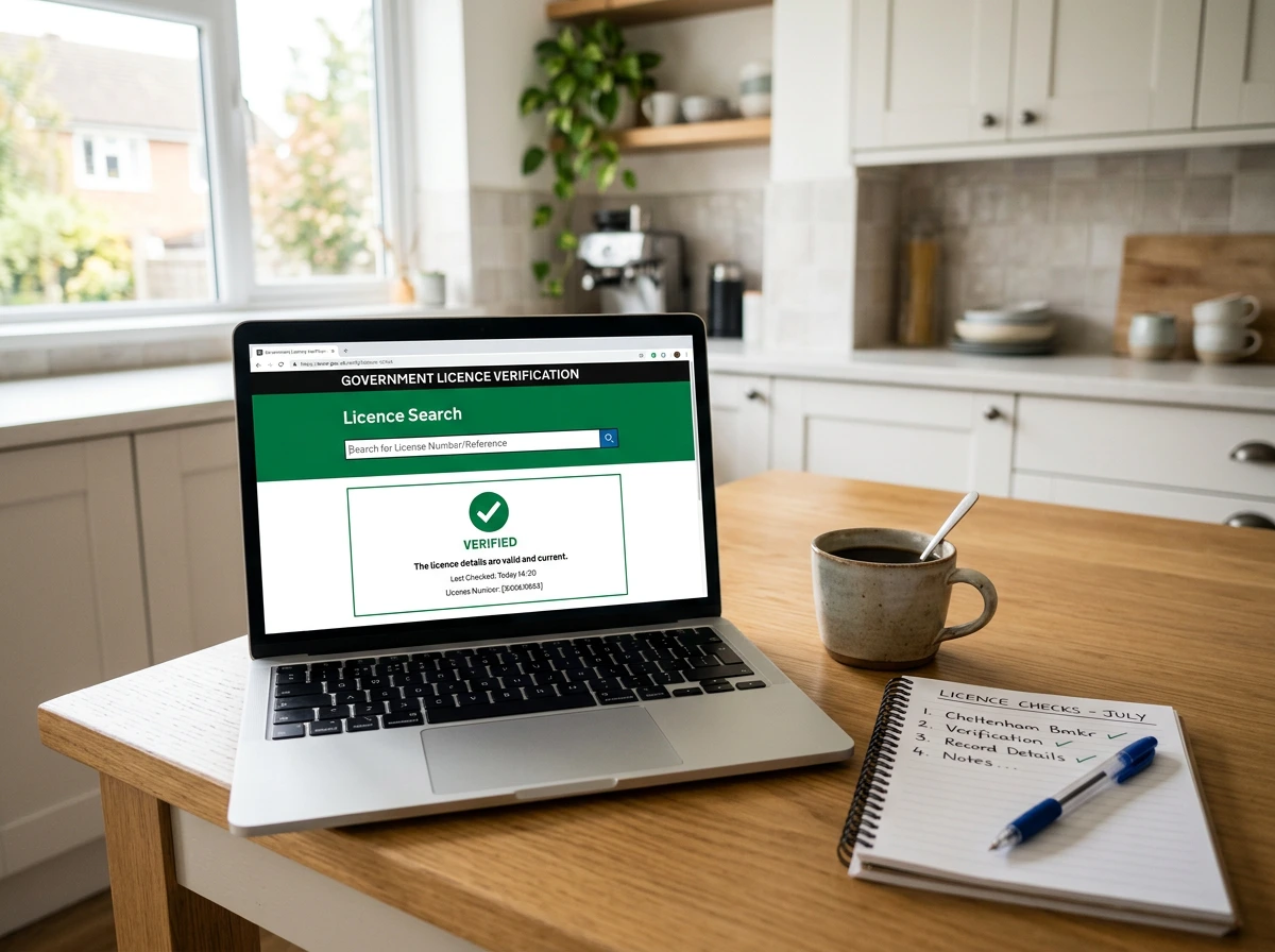 UK Gambling Commission licence check page displayed on a laptop screen beside a notebook